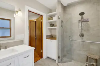 The primary bathroom is luxurious