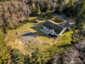 aerial shot of the property. RV parking, fire pit, gardens, room for horses or boat storage & privacy.