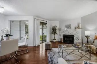 dining room and living room with sliding door to patio. North facing.