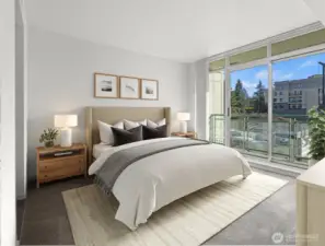 Primary bedroom w/ ensuite bath & own balcony (virtually staged)