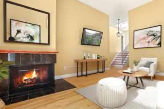 Virtually Staged Living Room Alternate View With Wood Fireplace