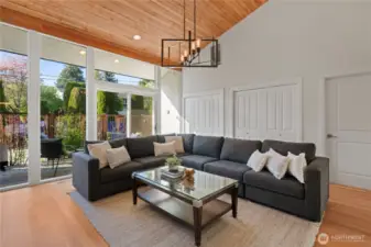 This is the family room. It is on the same wing as the 1st primary suite and 2 additional bedrooms and guest bathroom. The slider accesses the private patio.