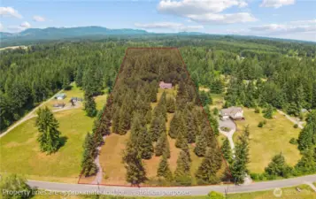 This stunning aerial shot showcases the incredible privacy & scale of this log home retreat, nestled on just under 10 flat, usable acres. The long, 880-foot driveway winds through towering evergreens, offering a peaceful, forested approach to the home. Surrounded by lush Pacific Northwest beauty, this property provides seclusion, natural beauty & endless potential—ideal for buyers seeking acreage, tranquility, or multigenerational living. Zoned residential with ample space for hobby farming, expansion or recreation.