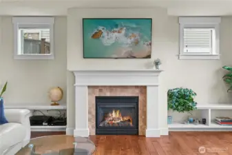 Gas fireplace and TV mount with built-in surround sound speakers.