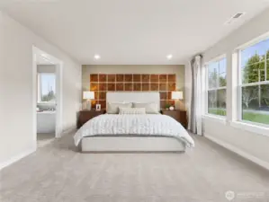 Spacious primary bedroom with attached 5-pc bath. Photo is representational. Actual home is under construction and finishes and paint colors may vary. See site agent for details....