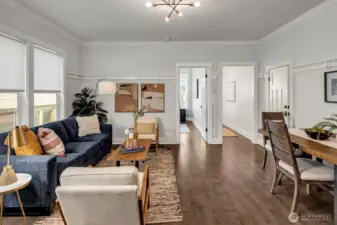 Light and airy open floorplan, freshly painted with beautiful Craftsman woodwork