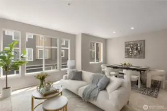 Light-filled living and dining rooms