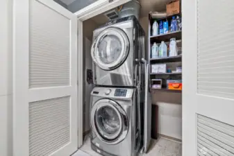 The high-end washer and dryer are new. The storage area to the right is perfect for your supplies of any kind.