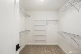 The expansive walk-in closet offers exceptional storage with multiple hanging zones and shelving throughout. Its generous layout supports easy organization and a streamlined morning routine directly off the ensuite bath.    These photos are from Lot 3 at Gooden Hollow, which is the same floorplan. However, Lot 6 will have changes, so all photos, renderings, site maps, and floorplans are for visualization purposes only. Plans, colors, building orientation, finishes, home outlook, and other details can and WILL vary.