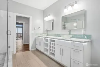 Lots of counter and storage space in master bathroom