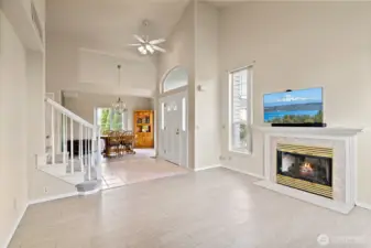 The living room flows seamlessly into the ample dining room.