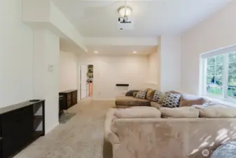 Downstairs rec room wtih free standing gas stove/fireplace.