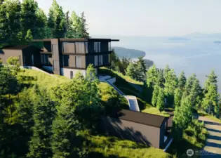 A rendering perspective of the approved home sited on the ridge of Chuckanut Mt. This view is from the North looking South.