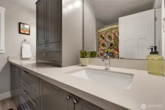 Full bath upstairs has a ton of storage and a tub/shower combo.