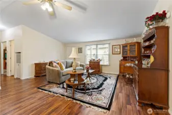 Large living room with ceiling fan