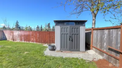 Perfect sized storage shed made of composite material and on a foundation.