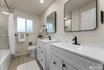 Full bath on main floor with double vanity