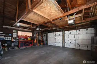 Two car garage with plenty of storage space.