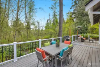 The large composite deck flows across the entire back of the home and is a great spot for entertaining!  Lots of privacy behind the home into a native growth protected area and pond.