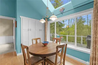Large breakfast nook area off the kitchen with skylight, hardwood floors, large windows into backyard and pantry.