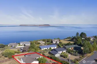 An aerial view of the property looking north, again outlined in red