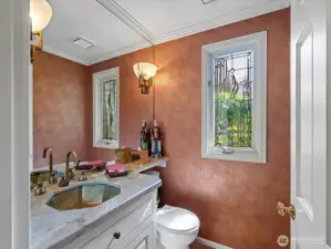 Main Floor Powder Room  With Leaded Glass Window and Copper Sink