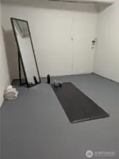 Exercise room on lower level, with access to the backyard