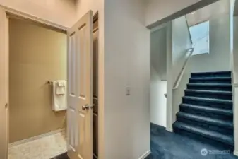 Upper level floor 2 half bath and stairs to the upper level floor 3.