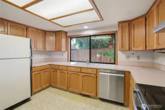 Kitchen window, stainless dishwasher