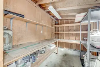 Interior of storage shed has electricity, built in shelving