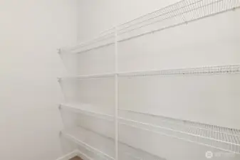 Spacious walk-in pantry offers ample storage for dry goods, kitchen essentials & small appliances—keeping everything organized and within easy reach.