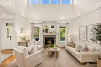Grand, two-story living room with clerestory window.
