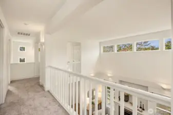 The upper corridor connects the 2nd floor to the main floor living room.