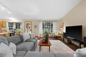 Unwind in the living room while gazing out at the peaceful orchard just beyond the windows.