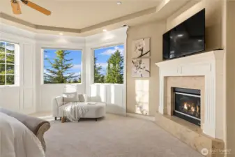 The beautiful fireplace with wood trim mantle and stone surround make this a perfect retreat. You can see the Golf club at Newcastle from these windows.
