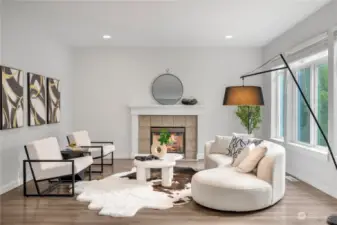 wide living room w/ gas fireplace