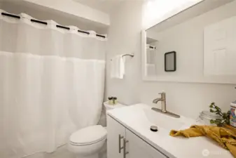 Full bath with new vanity, lights, flooring and shower