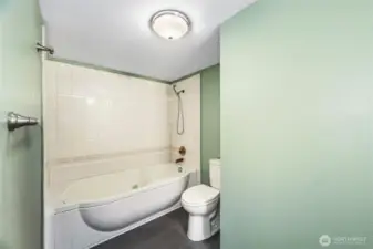Jacuzzi tub with shower wand and tile surround   Mirrored medicine cabinet / Tile floors