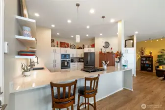 Another view of this amazing kitchen - storage and more storage. Quartz countertops and slide out pan drawers, beautiful pendent lights.