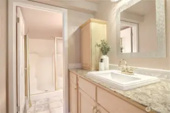 Slab counters, ample cabinet space, and large walk-in shower.
