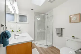 3rd bath upstairs features new everything ~ cabinet, lighting, quartz, glass surround walk in shower and LVP flooring.