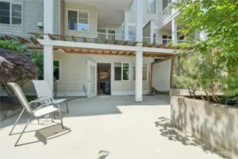 Private patio that overlooks Samm Slough, park, and Burke-Gilman Trail