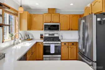 Close-up of kitchen that comes with all newer appliances.