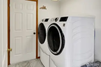 Laundry room located off of kitchen with door leading to garage.   Newer washer and dryer (2021) stays with the home.