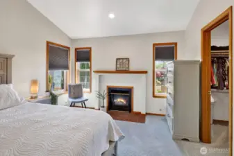 Primary bedroom showcasing the fireplace and walk-in closet.