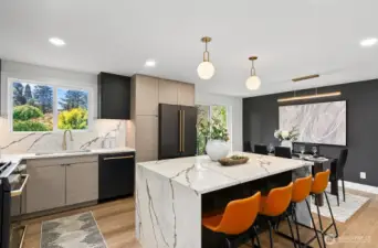 Quartz waterfall island with built in phone charging stations