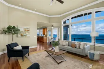 The open concept design on the main floor celebrates the view from the living room to the kitchen