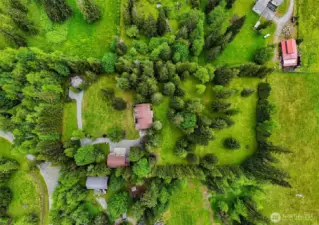 overhead view showing main house, shop & yurt building