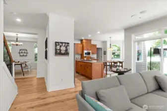 Dual dining areas offer formal and informal dining options