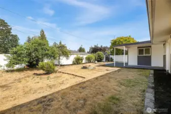 Vinyl fencing surrounds rear yard with access to both sides of home: single on right, double on left.